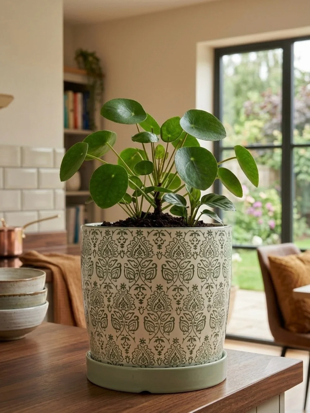 Ceramic Planter with Saucer Attached 7 Inch | Green Patterned Flower Pot